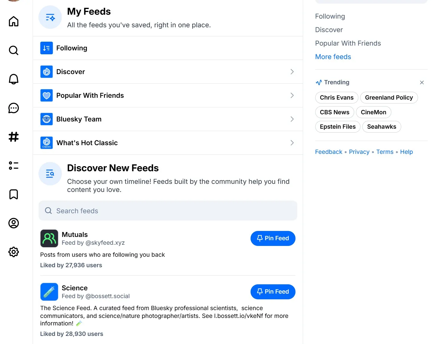 A screenshot of the Bluesky feeds tab.