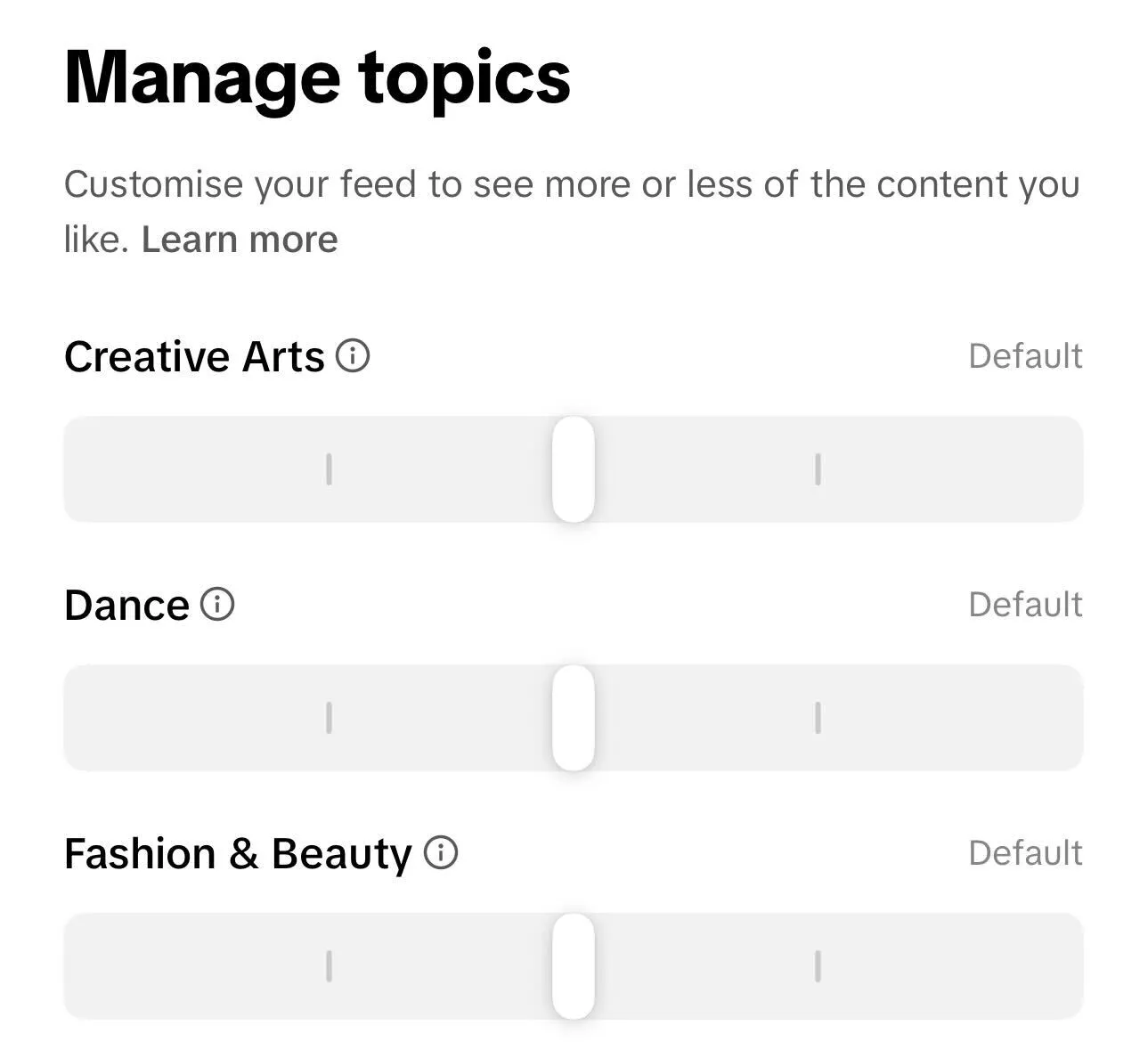 A screenshot of the “Manage topics” menu on TikTok.